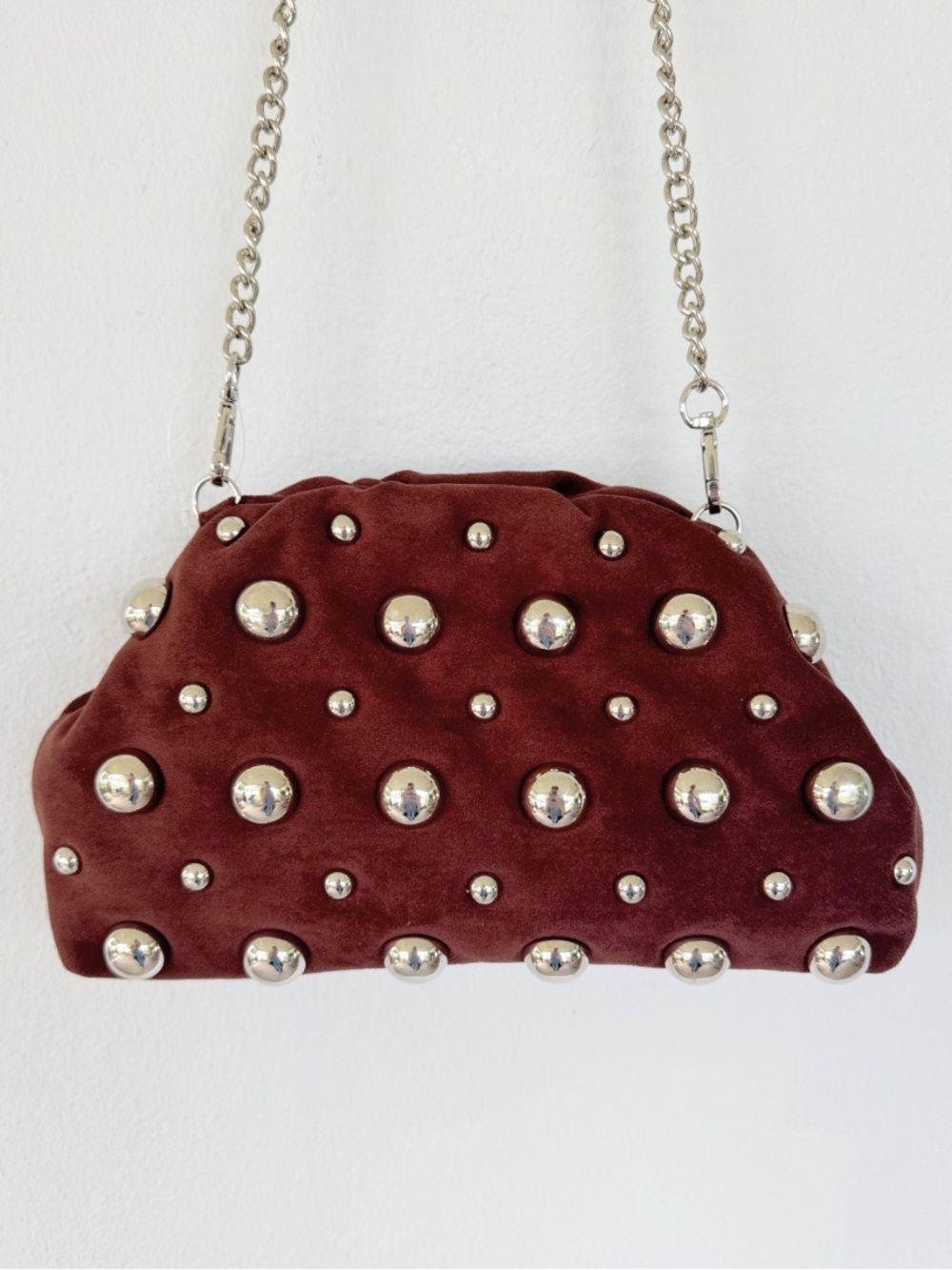 ASOS brown suede silver ball stud removable chain crossbody bag